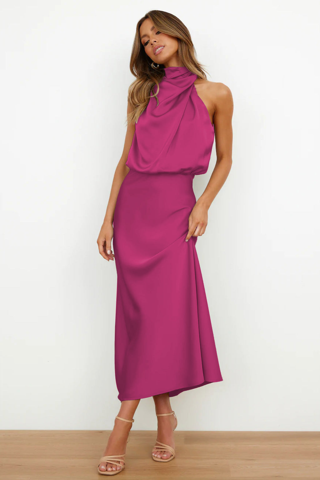 Robe Femme Maxi Satin Drapé Élégant Coupe Fluide Soirée