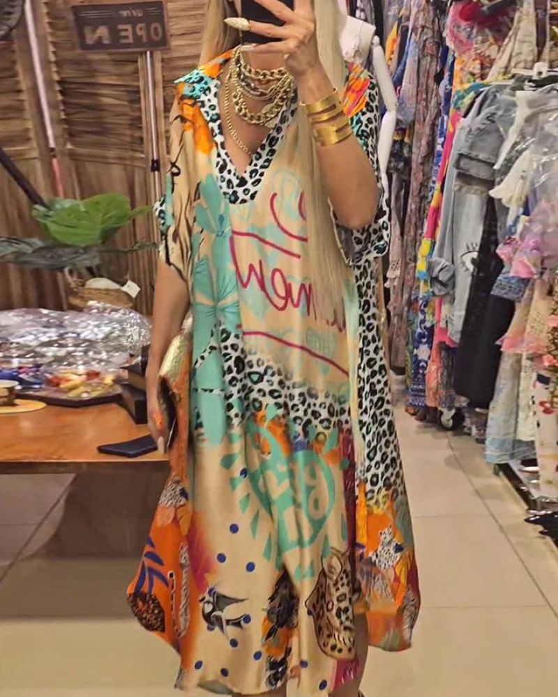 Robe Femme Imprimé Léopard Coloré Coupe Ample Col V Style Décontracté