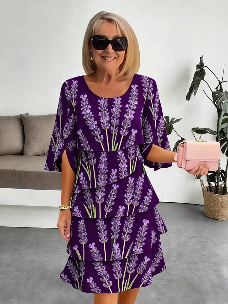 Robe Mi-Longue Femme Imprimé Lavande Volants Superposés Manches Fendues