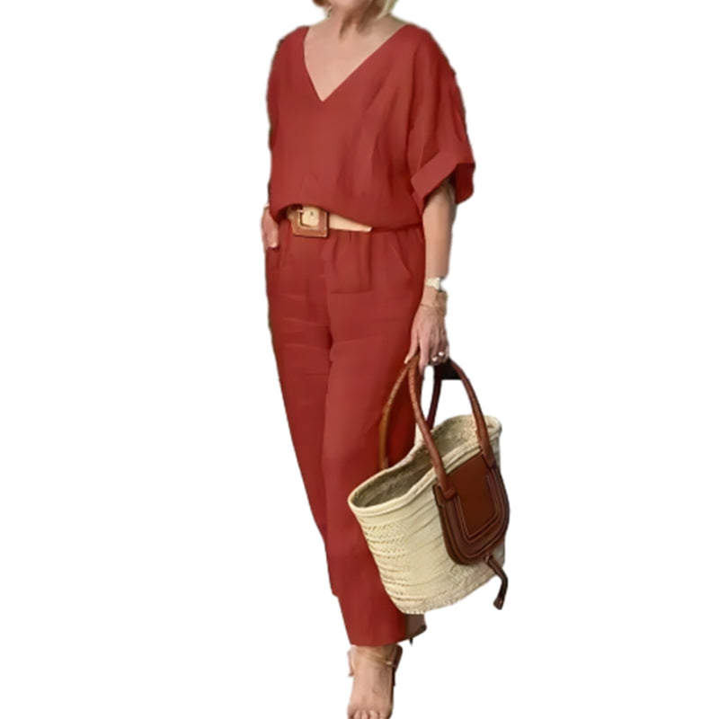 Ensemble Femme Col V Pantalon Ample Style Décontracté