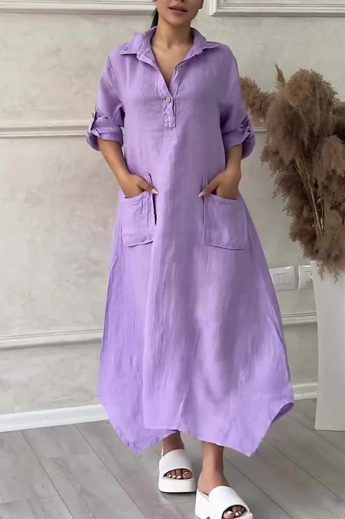 Robe Longue Femme Lin Coton Coupe Ample Col Revers Poches Style Décontracté