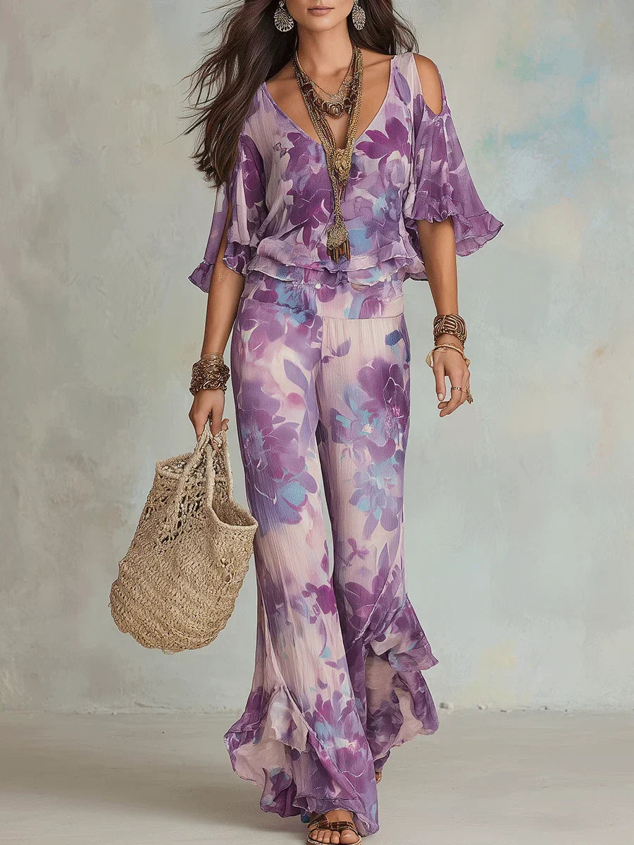 Ensemble Deux Pièces Femme Floral Top Épaules Dénudées Pantalon Évasé Volants
