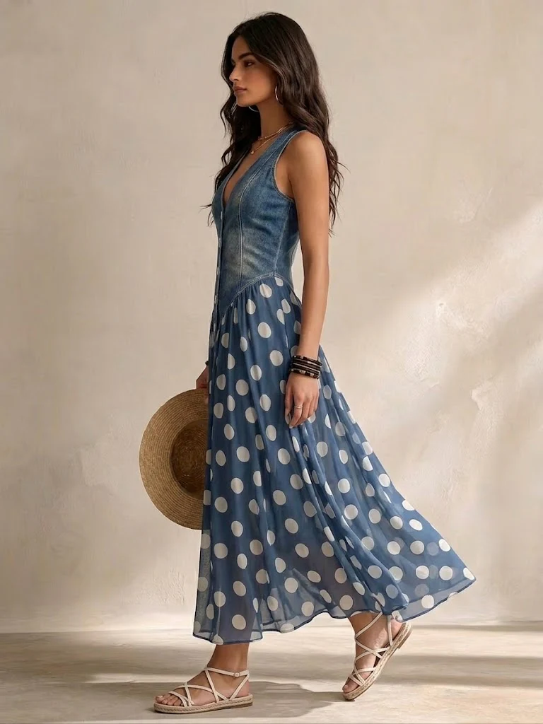 Robe longue femme effet denim avec jupe à pois fluide