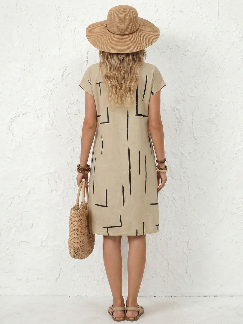 Robe Midi Femme Coton Lin Imprimé Géométrique Manches Courtes Décontractée