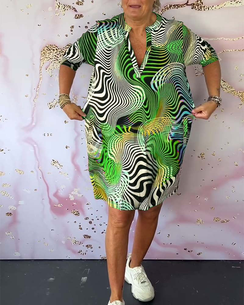 Robe Femme Col V Zippé Imprimé Ondes Abstraites Multicolores Poches