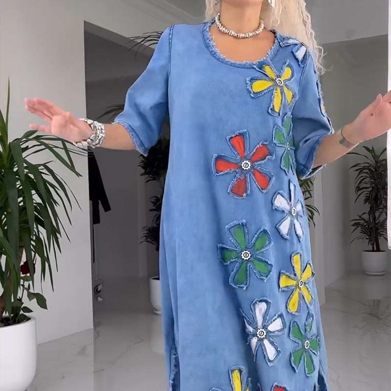 Robe Femme Décontractée Coupe Ample Col Rond Imprimé Floral Style Casual