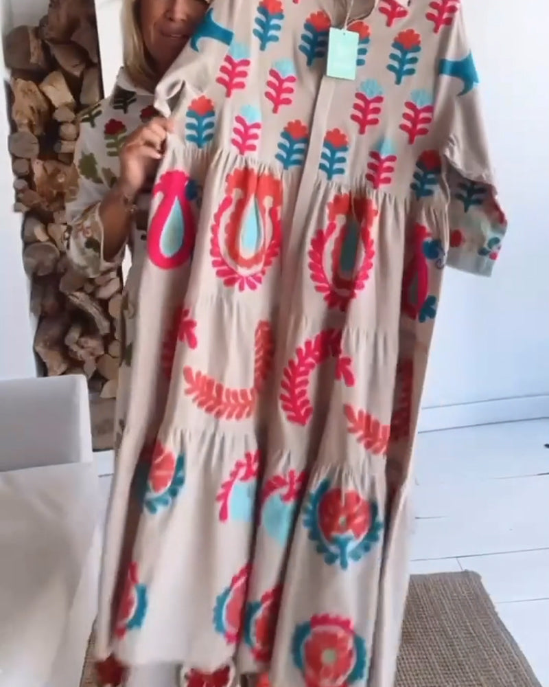 Robe Midi Ample à Motif Floral Stylisé