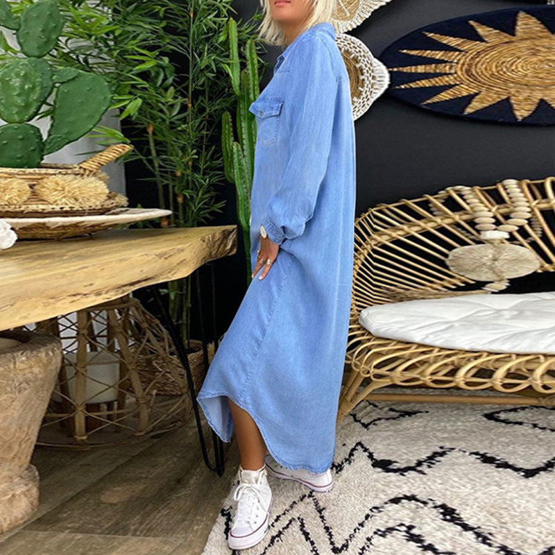 Robe femme maxi denim manches longues fluide col V élégante casual