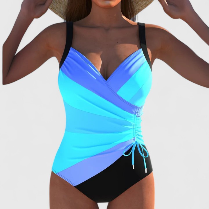 Maillot de Bain Une Pièce Femme Col V Croisé Rayures Irisées Lien Latéral