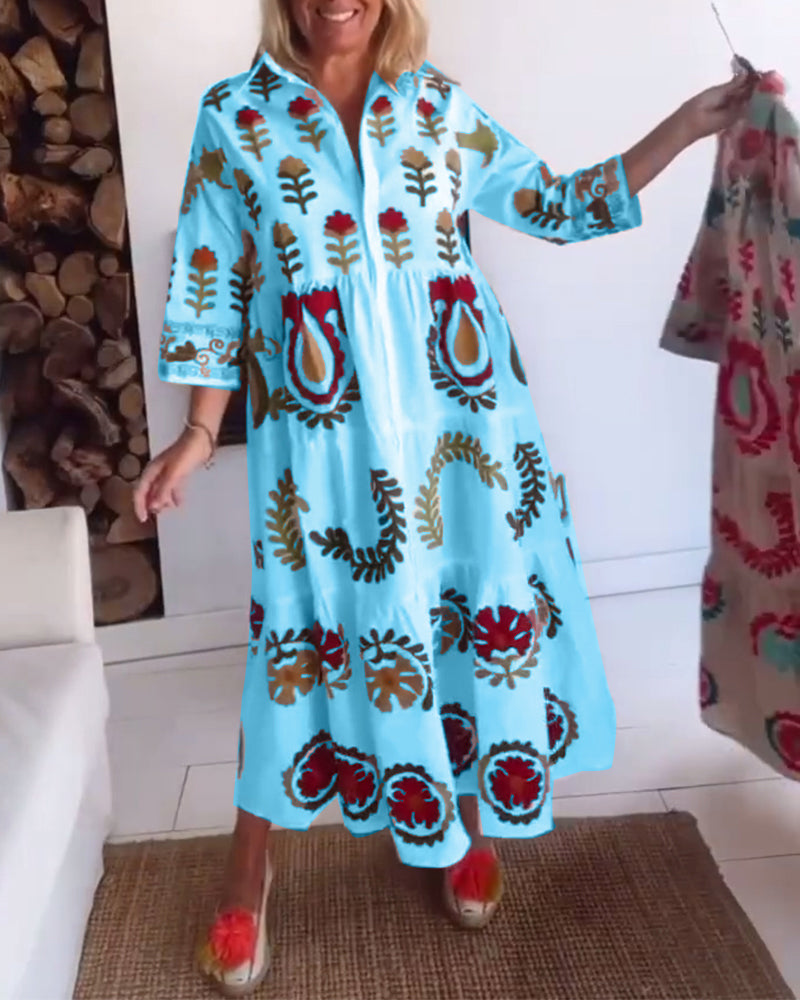 Robe femme midi imprimé floral graphique à col revers – style fluide été