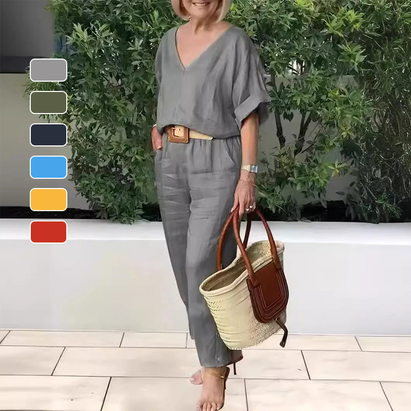 Ensemble Femme Col V Pantalon Ample Style Décontracté