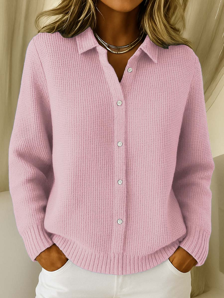 Cardigan femme ajusté à col chemise – coton extensible, style chic et confort mi-saison