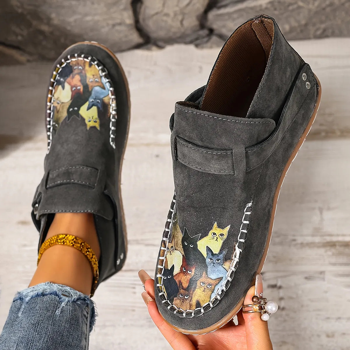 Mocassins femme imprimé chat à enfiler