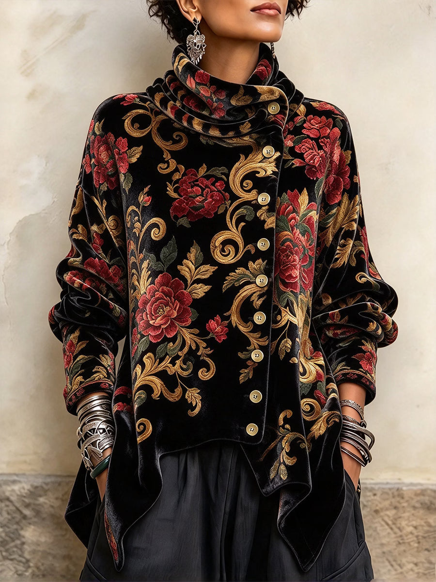 Haut en velours femme à col drapé et imprimé floral vintage