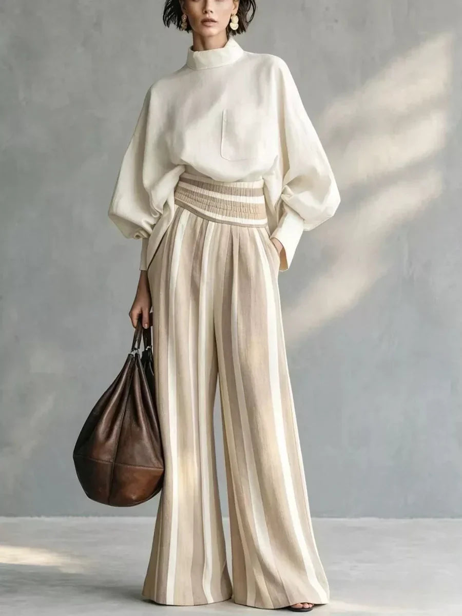 Ensemble femme col montant et pantalon rayé