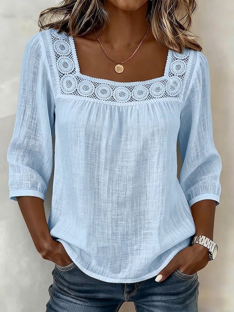 Blouse femme en coton et lin à décolleté carré avec dentelle raffinée