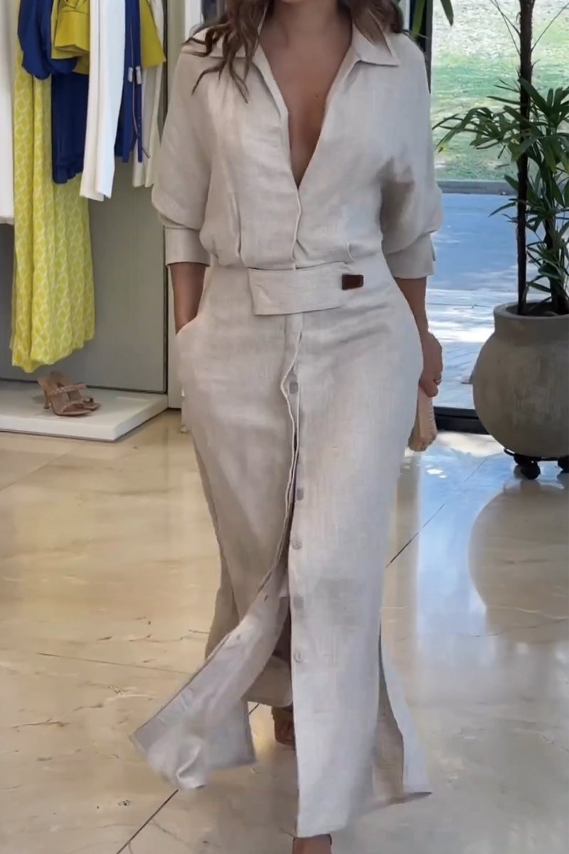 Robe Longue Femme Fluide en Coton Lin Col Chemise pour Style Élégant et Léger Été