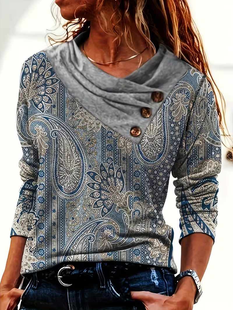 Haut femme imprimé paisley à col croisé boutonné