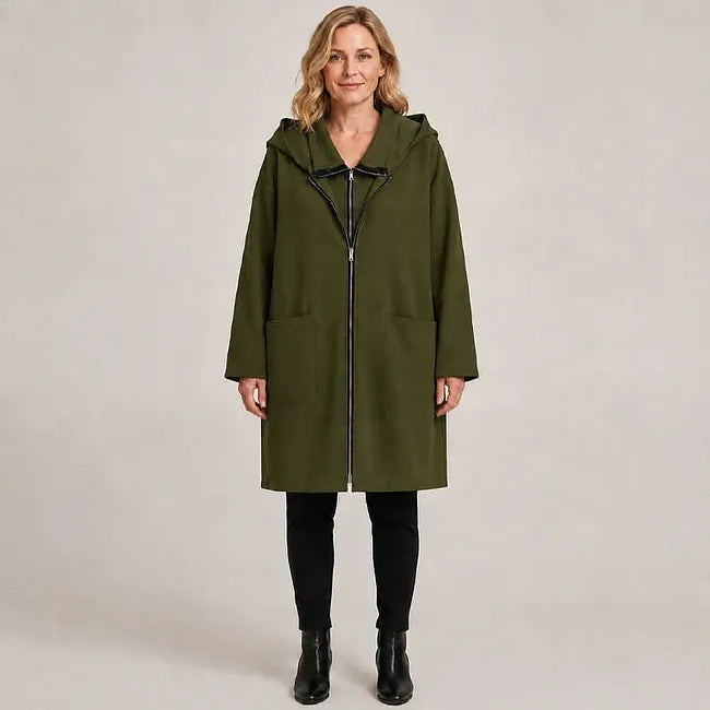 Manteau mi-long femme à capuche et fermeture zippée