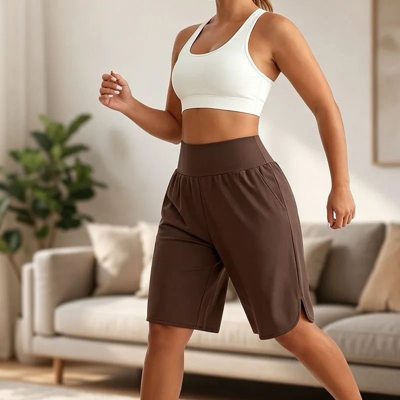 Short femme taille haute ample longueur genou