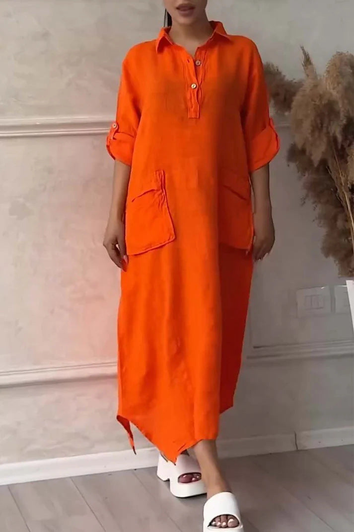 Robe Longue Femme Lin Coton Coupe Ample Col Revers Poches Style Décontracté