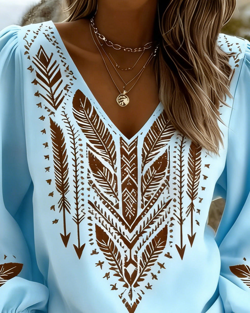 Blouse Bohème Femme à Décolleté en V et Manches Bouffantes