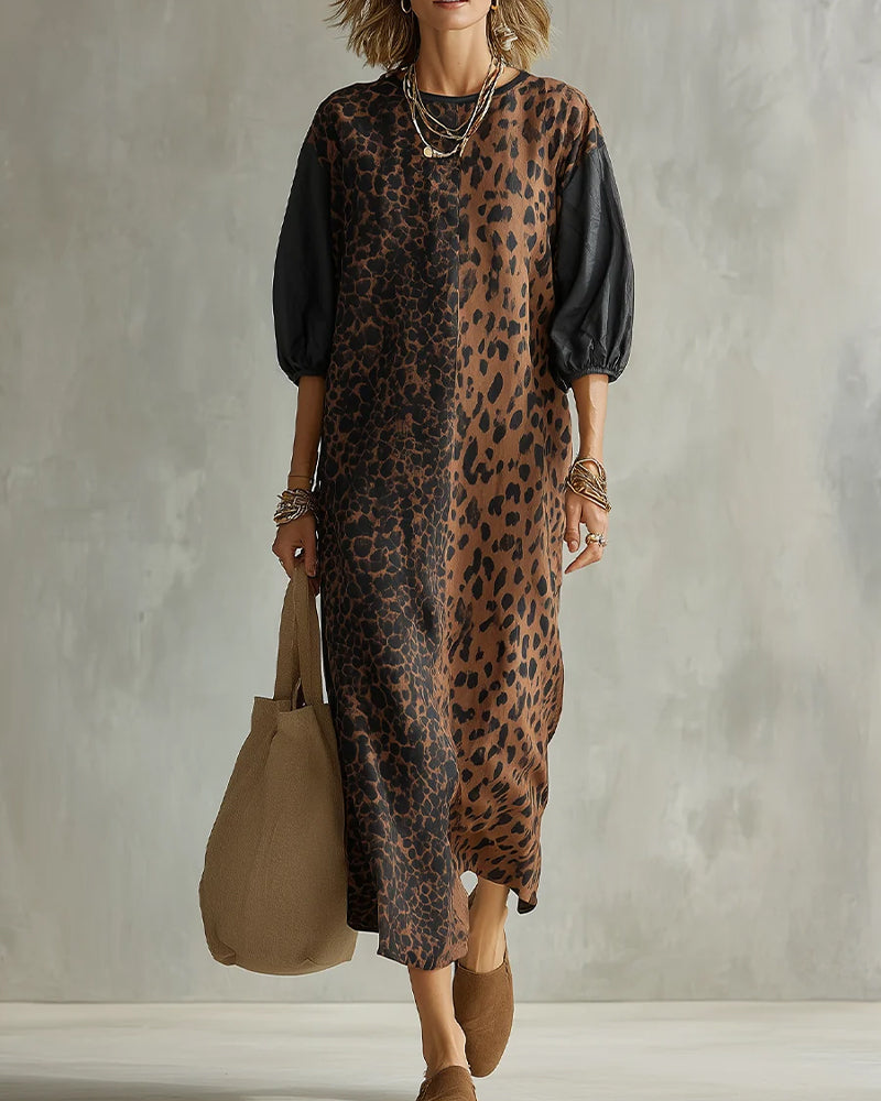 Robe femme léopard fluide à manches bouffantes