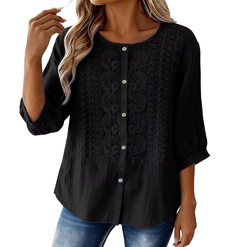 Blouse femme en coton et lin brodée à manches 3/4