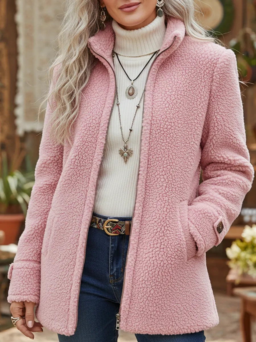 Veste femme zippée effet polaire – manteau chaud mi-long confortable