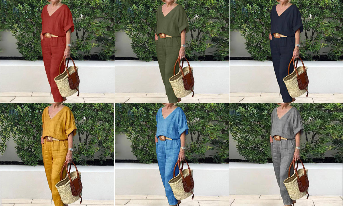 Ensemble Femme Col V Pantalon Ample Style Décontracté