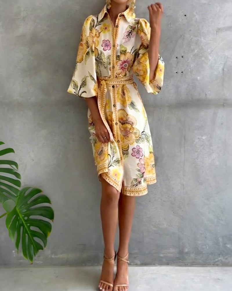 Robe Fleurie Élégante Femme à Manches Lanternes et Boutons