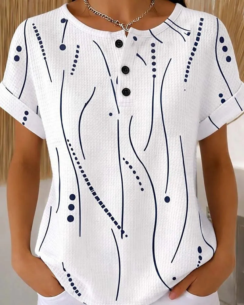 T-shirt femme imprimé à manches courtes avec boutons