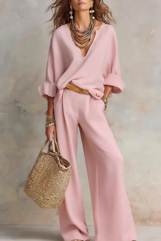 Ensemble femme fluide à col V avec pantalon large