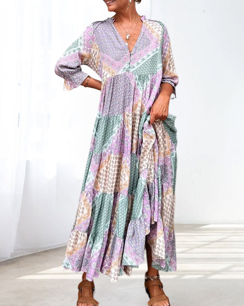 Robe Femme Maxi Imprimé Patchwork Coupe Ample Col V Manches 3/4