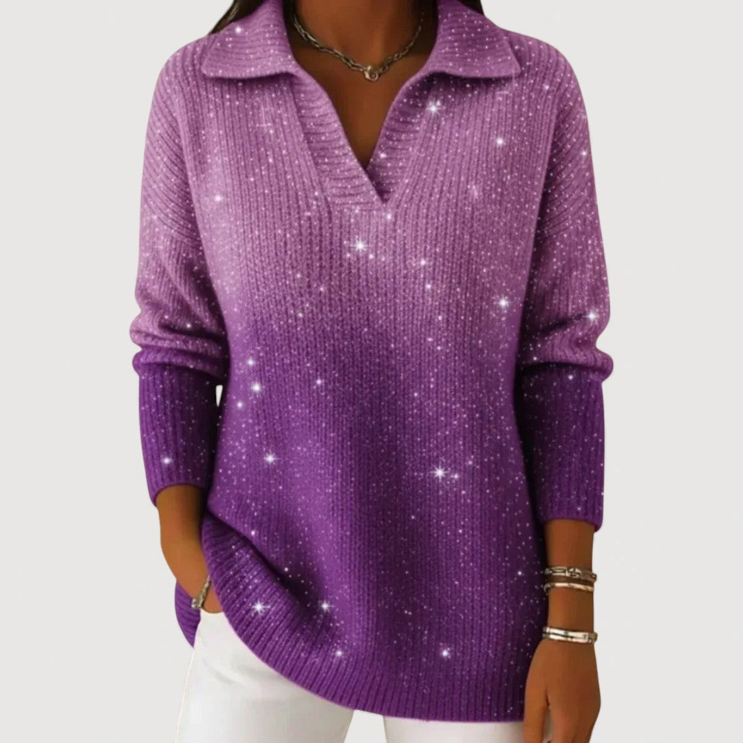 Pull en tricot pailleté à col polo pour femme élégant et confortable