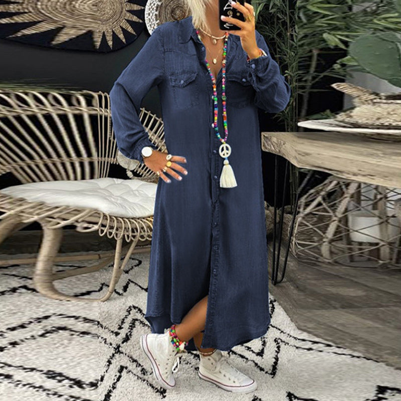 Robe femme maxi denim manches longues fluide col V élégante casual