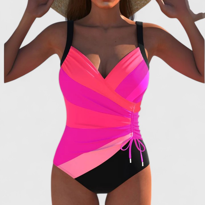 Maillot de Bain Une Pièce Femme Col V Croisé Rayures Irisées Lien Latéral