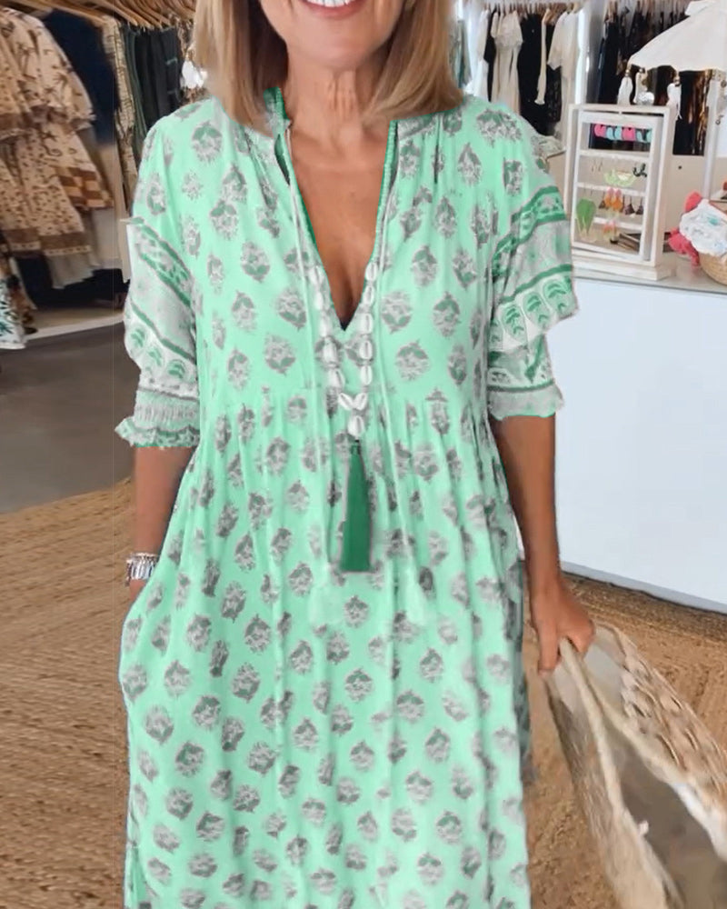 Robe femme midi fluide imprimée col V manches lanterne ample décontractée