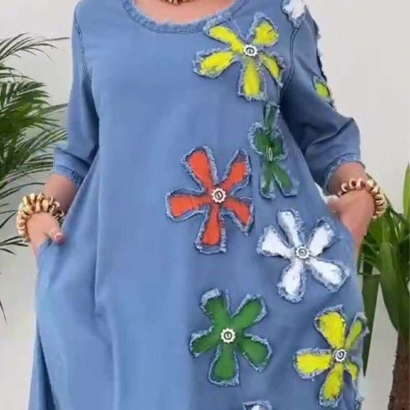 Robe Femme Décontractée Coupe Ample Col Rond Imprimé Floral Style Casual