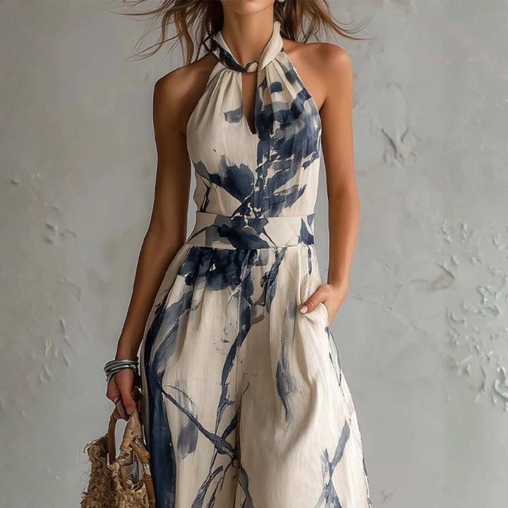 Combinaison femme à col halter avec imprimé artistique et jambes larges