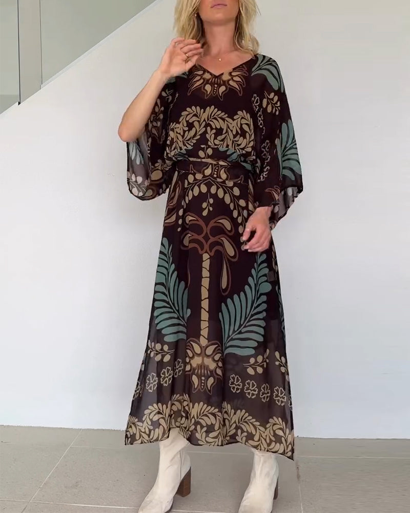 Robe Maxi Bohème Femme Col V Imprimé Feuilles Élégant