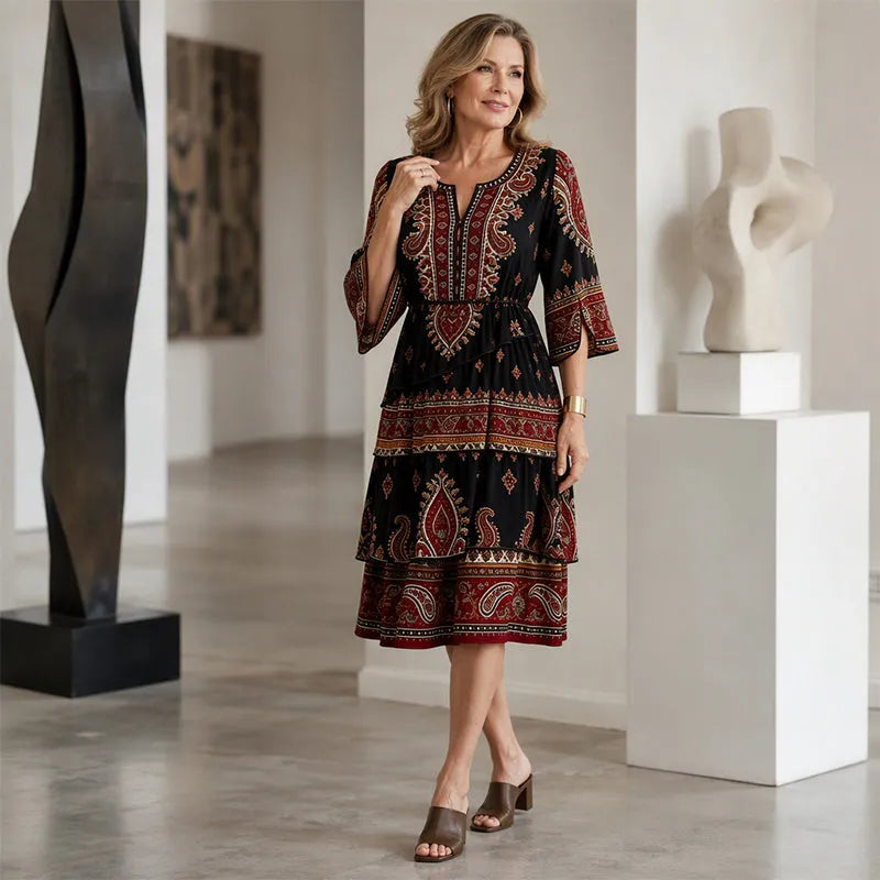 Robe bohème femme à volants et imprimé ethnique