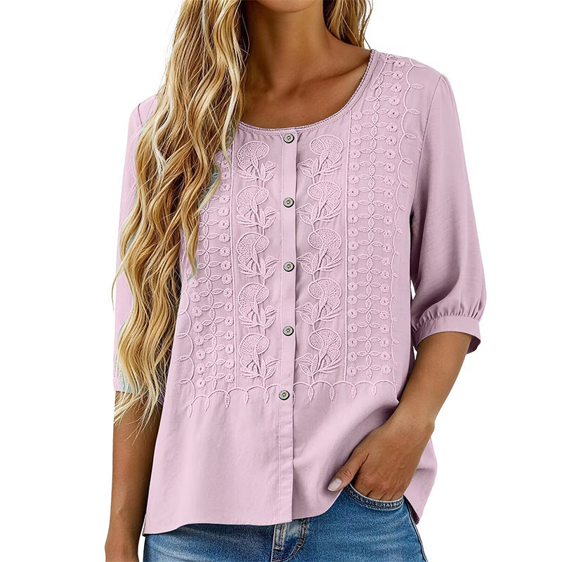 Blouse femme en coton et lin brodée à manches 3/4