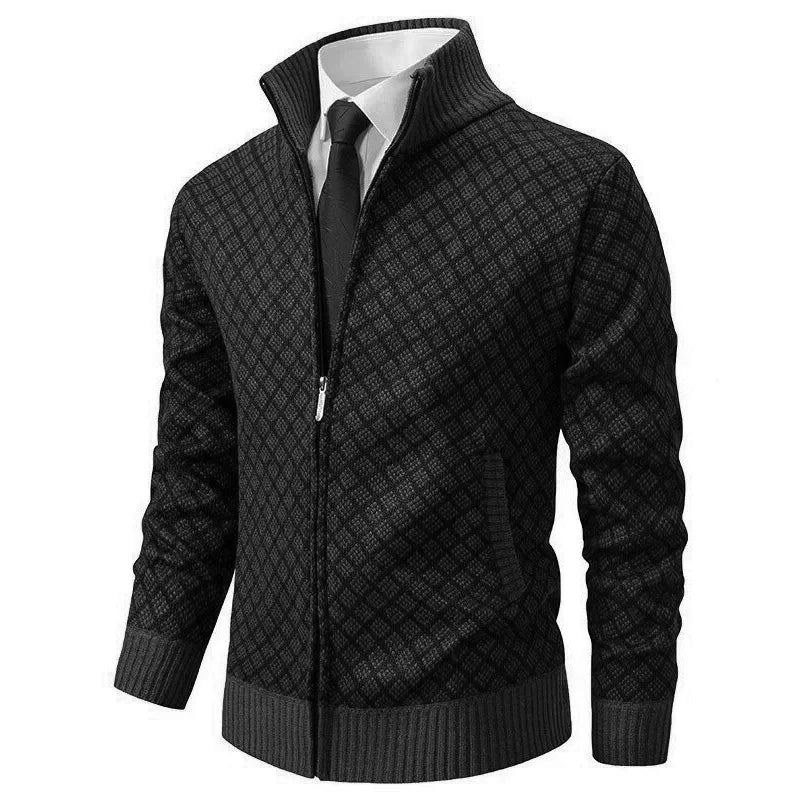 Cardigan Homme Zippé Col Montant Tricot Jacquard Losangé