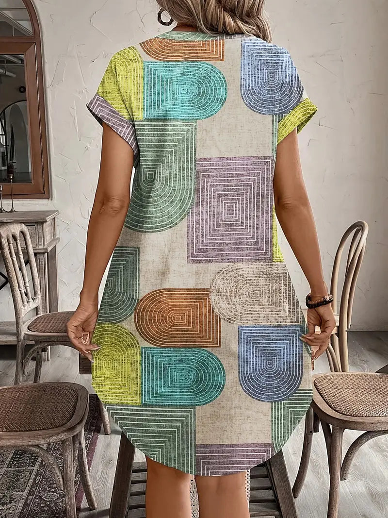 Robe femme courte fluide imprimé géométrique col V boutonnée manches courtes