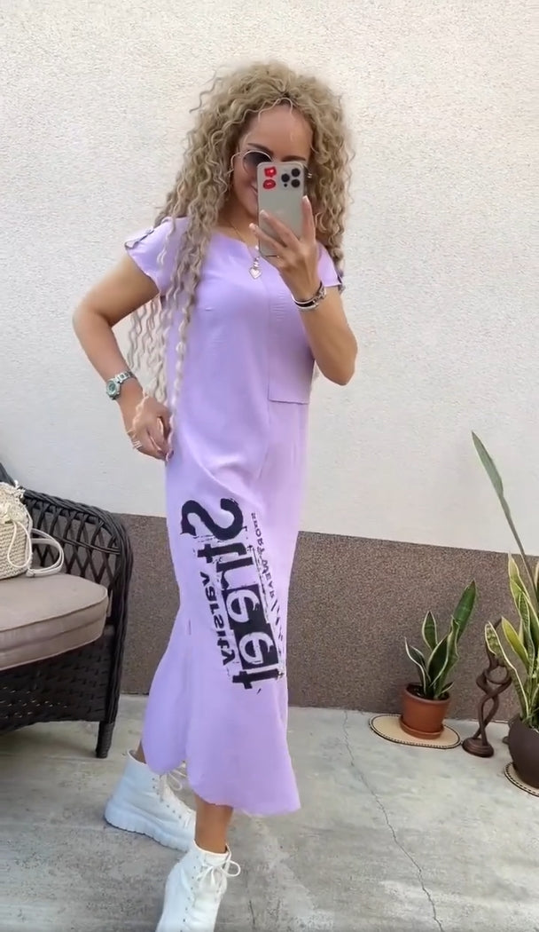 Robe Femme Imprimé Lettres Coupe Ample Col Rond Fente Style Casual