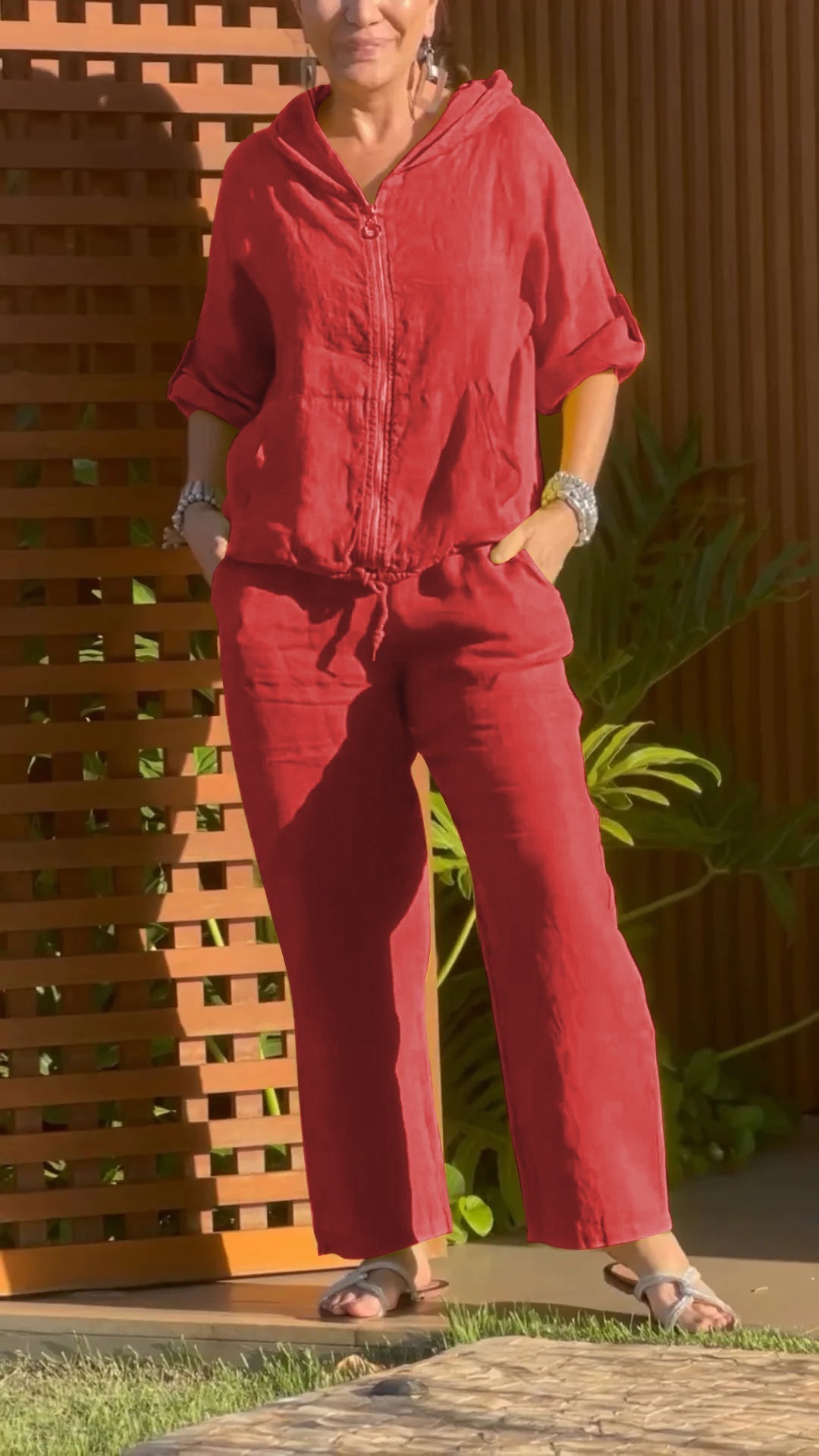 Ensemble Femme Coton Lin Capuche Zippée Coupe Ample Été