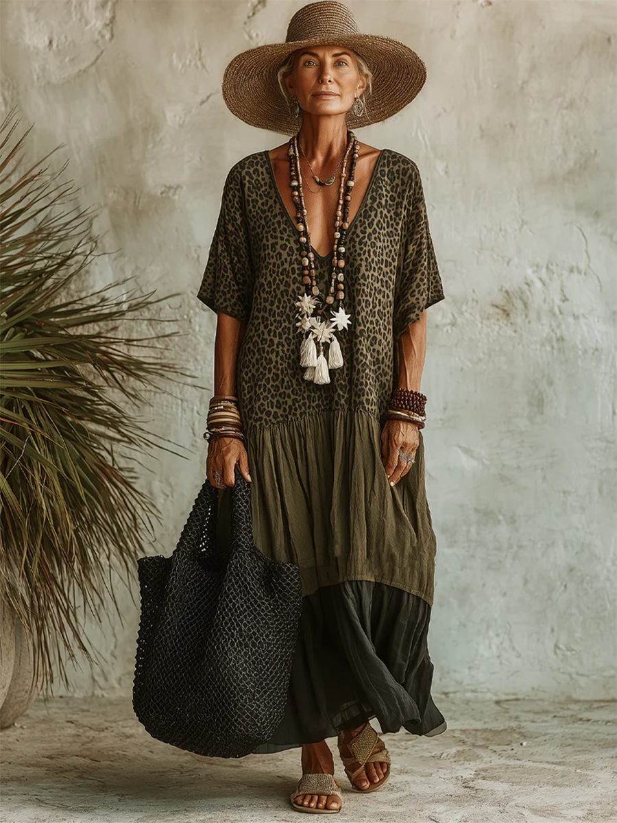 Robe Midi Bohème Femme avec Imprimé Léopard Fluide