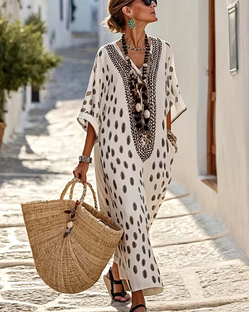 Robe Maxi Kaftan Pois Col V Broderie Ethnique Fluide