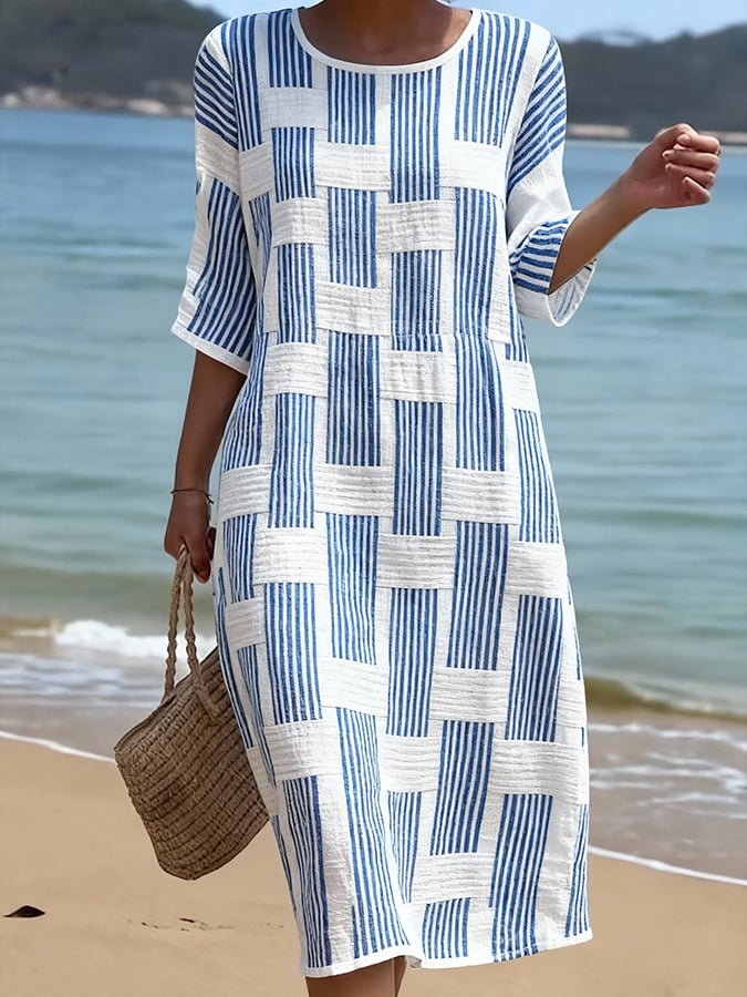 Robe Femme Coton Lin Imprimée Manches Mi-Longues Style Décontracté
